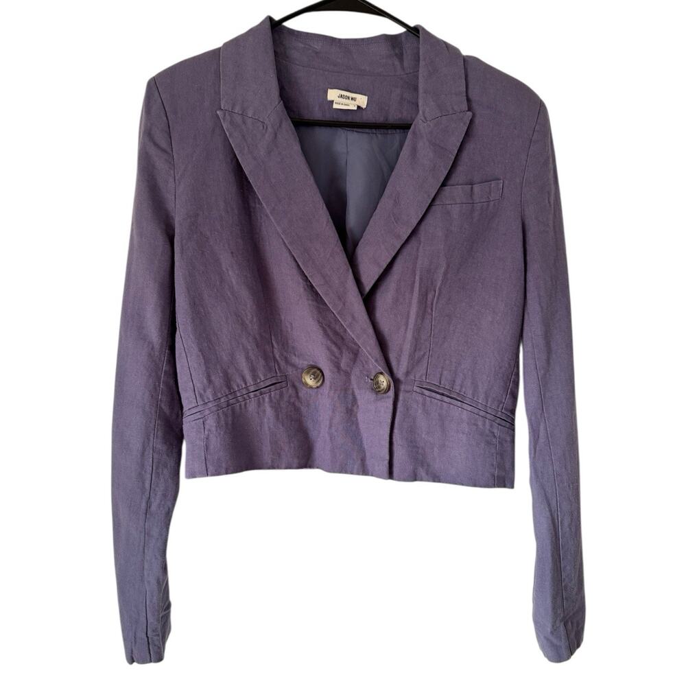 Jason Wu Linen Blend Lilac Purple Double Breasted Cropped Blazer Jacket Small